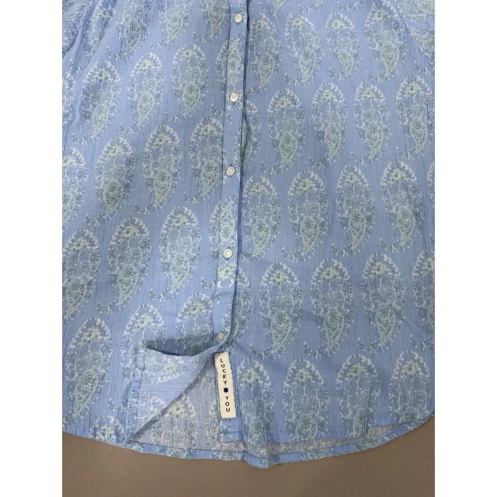 Lucky Shirt  Womens Medium Blue Paisley  Blouse Boho Button Front Relaxed Flowy